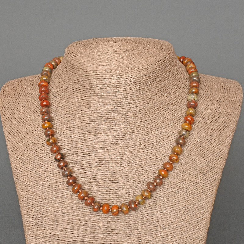 Jasper Picasso Necklace, natural stone, smooth rondelle, 8x5 mm, length 47 cm