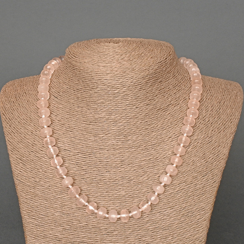 Necklace Rose Quartz Natural Stone Smooth Rondelle, diameter 9x7mm±, length 49cm±
