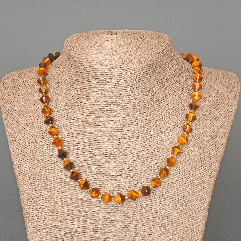 Tiger’s Eye Bead Necklace, Faceted Natural Stone Diamond-shaped Beads, 8x8mm ±, Length 49cm, with Beads