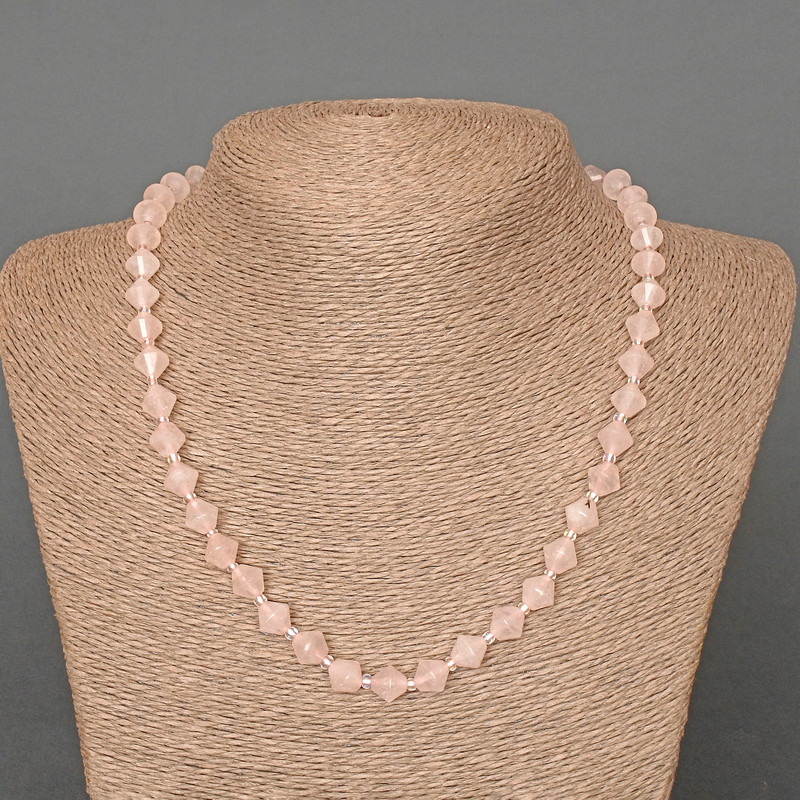 Necklace Rose Quartz Natural Stone Faceted Diamond-Shaped Beads, 8x8mm, ± diameter, 49 cm length, with seed beads
