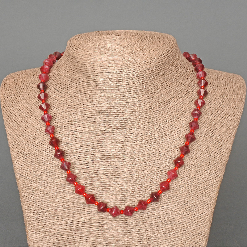 Necklace Turmaline Rubellite Natural Stone Graduated Diamond Beads 8x8mm, Length 49 cm, with seed beads