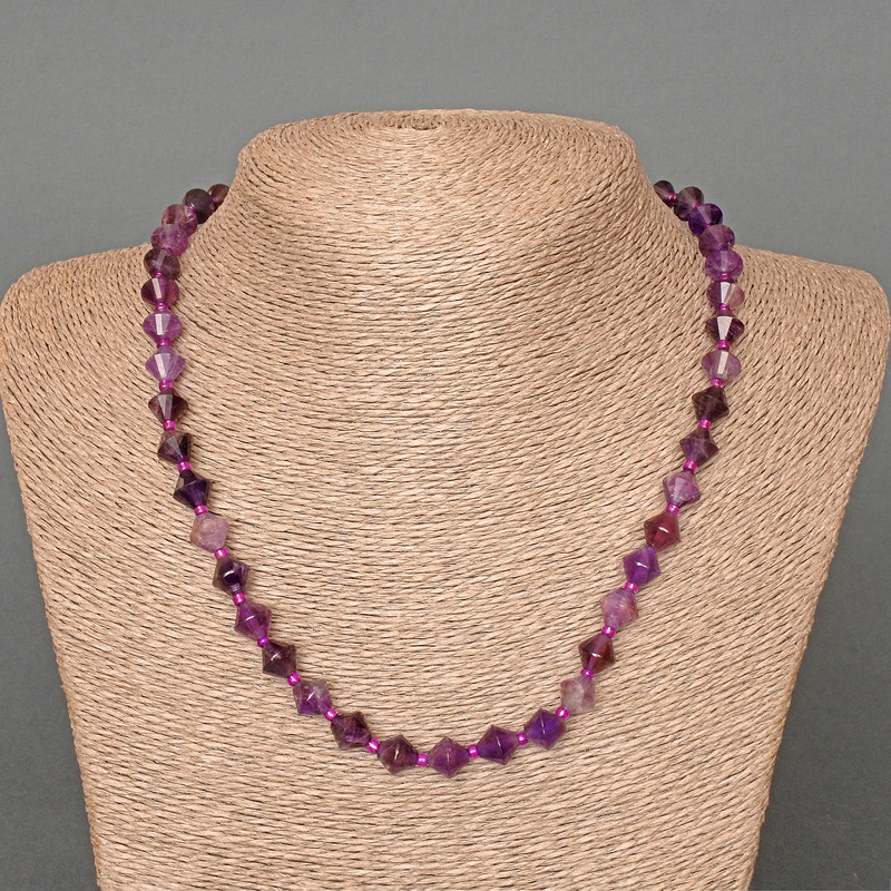 Amethyst Necklace natural stone faceted diamond shape, diameter 8.5x8.5mm, length 49 cm, with seed beads