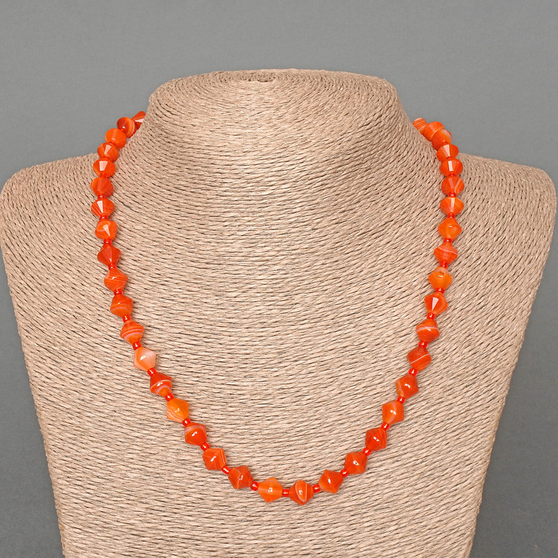 Carnelian Necklace with Faceted Diamond-Shaped Beads, 8x8 mm, 49 cm length, with Seed Beads