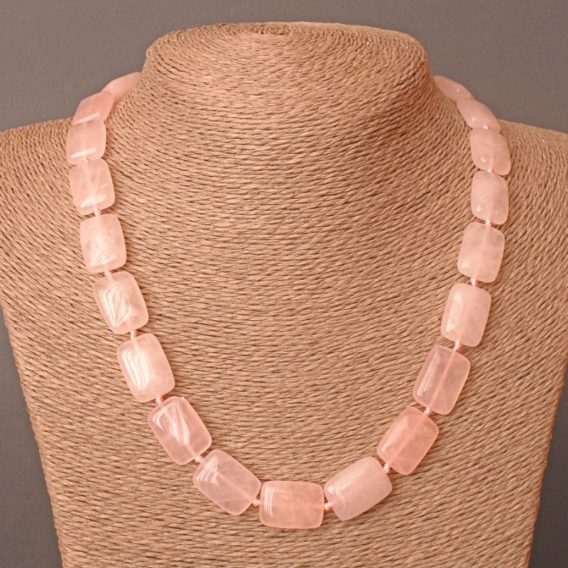 Necklace Pink Quartz Natural Stone Rectangle, diameter 13x18mm±, length 48cm