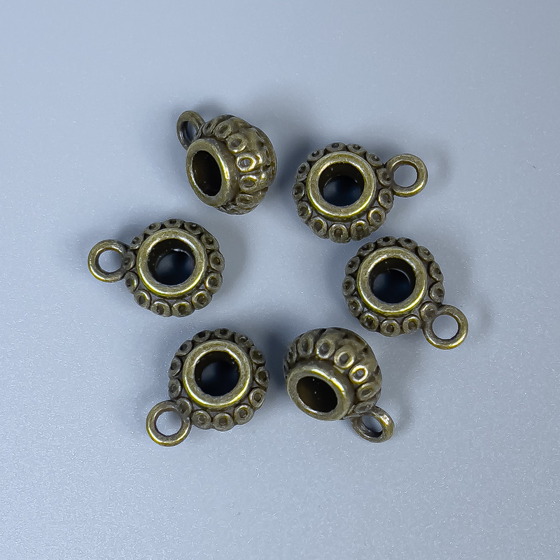 Bail hardware, bronze color, dimensions 12×8×6 mm ±, holes diameter 4 mm ±, diameter 2 mm ±, packaged 20 g (~18 pcs)