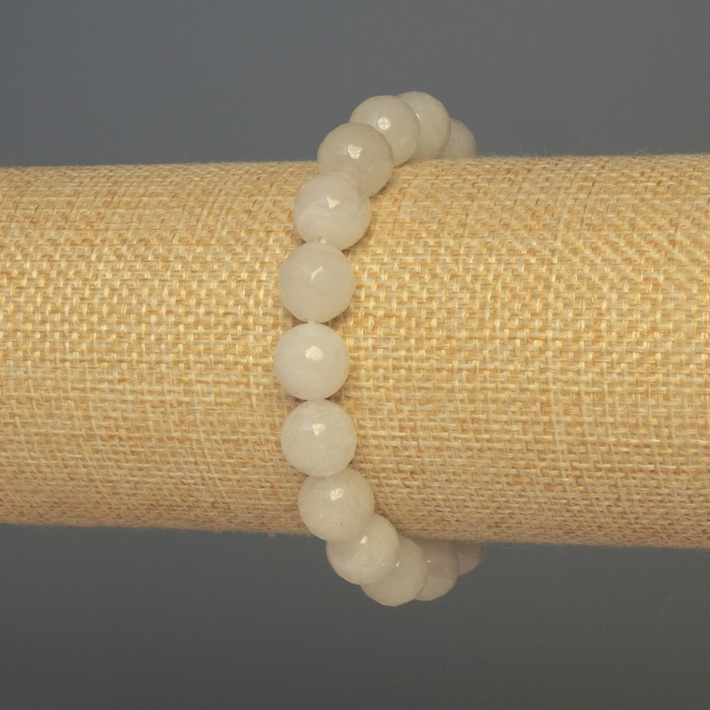 Bracelet White Quartz Faceted Round Bead, 10mm diameter, length 18in (±), stretch