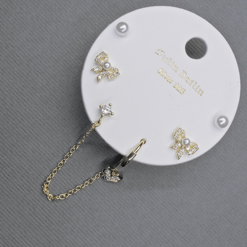 Stud Earrings with Cup (Cafe) on Ear Lobe in Golden Metal with White Rhinestones