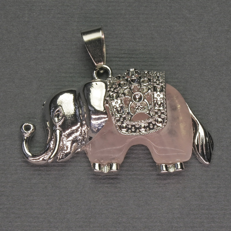 Pendant Elephant Pink Quartz 39x34mm± Silvered metal