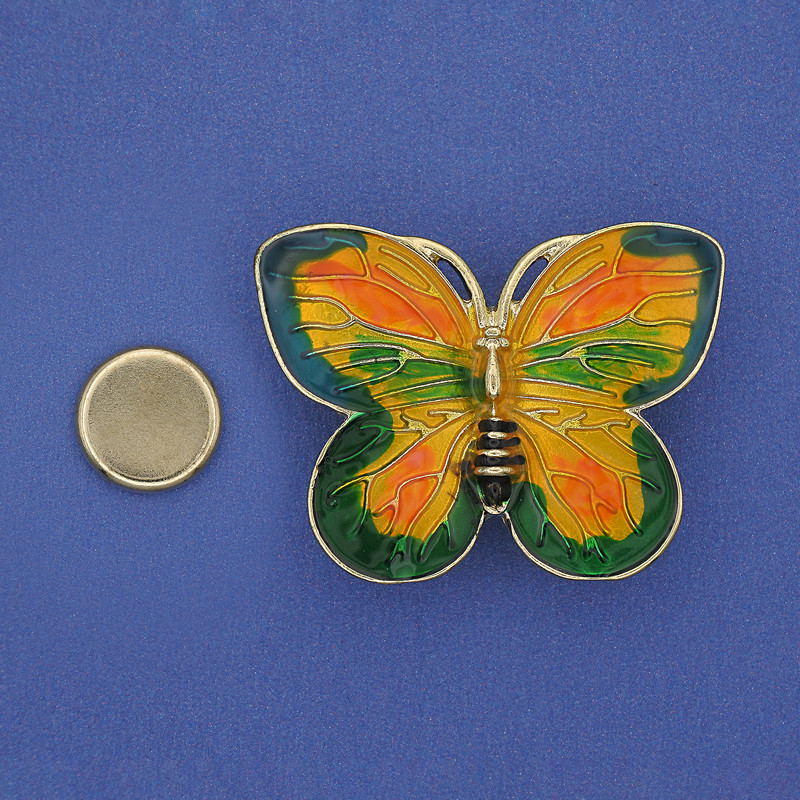 Magnetic Butterfly Brooch with Color Enamel on Golden Metal 39x30mm