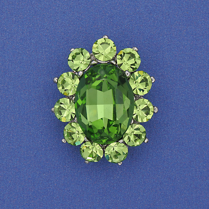 Brooch Accent with Green Crystal, Rhinestones, Silvery Metal 30x24mm+