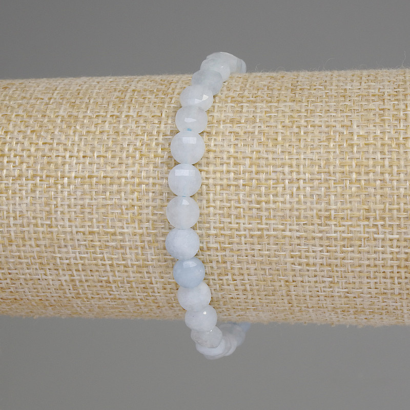 Aquamarine Bracelet Faceted Coin Beads, 6mm diameter +-, 18cm length, stretch