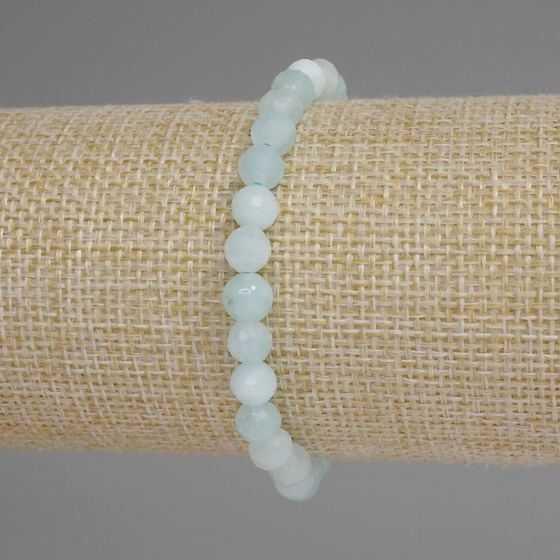Aquamarine Bead Bracelet, Faceted Round Beads, 6mm diameter, stretchy 18cm length