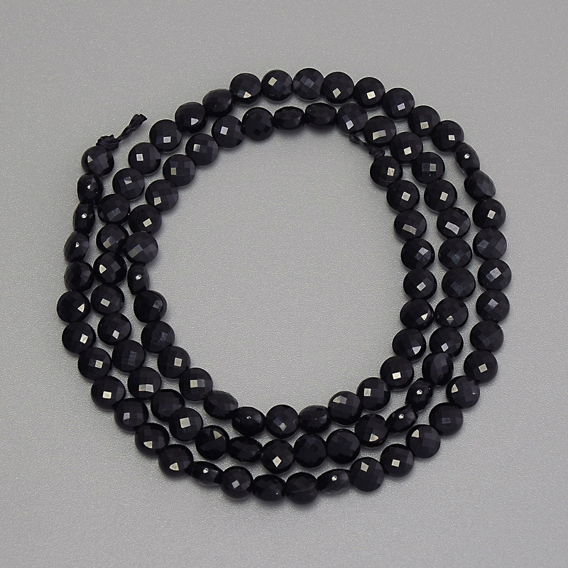 Black tourmaline beads, faceted coin-shaped, 4mm diameter ±, 39cm long on a thread