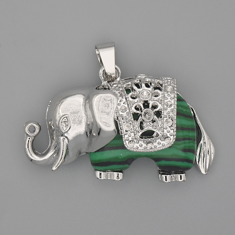 Pendant Elephant Malachite 39x34mm+- silver metal