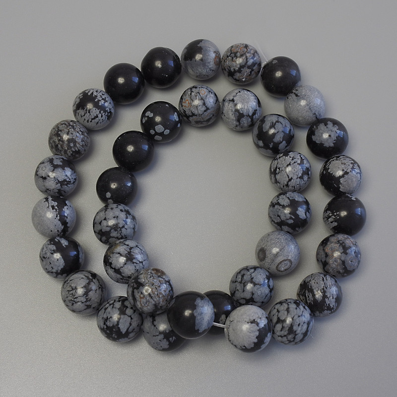 Snow Obsidian Beads on Thread - Smooth Round 11mm Dia., 38cm Length