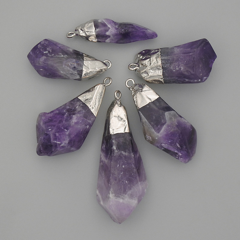 Amethyst pendant, assorted processed sizes 33-38x12-18mm ± silver-toned metal
