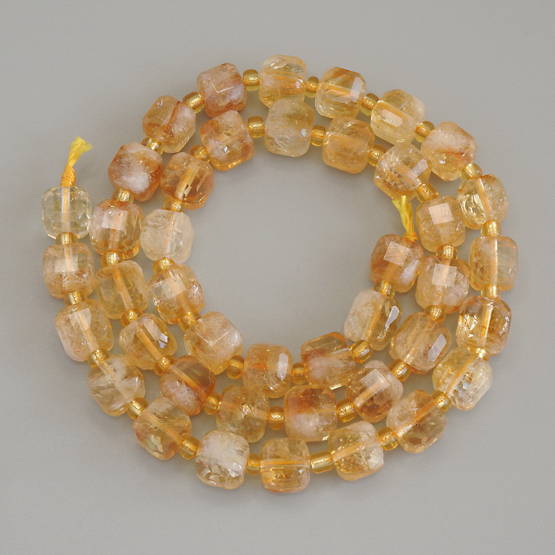 Citrine Beads Faceted Cube, 6.5x6.5 mm, 3 mm seed beads on thread, length 37 in