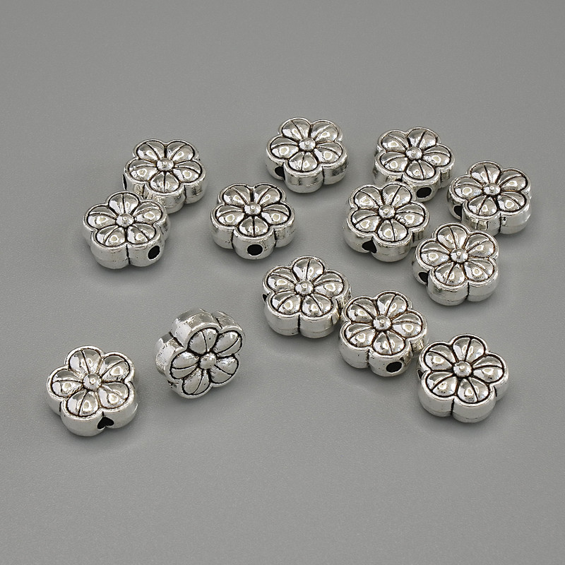 Bead Inlay Component Flower color metal silver, diameter 10x4.5 mm ± opening 2 mm, packaging 20 g (~13 pcs)