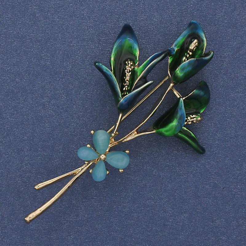 Flower Brooch with Blue Cat's Eye Stone and Gold-Tone Metal 63x35mm
