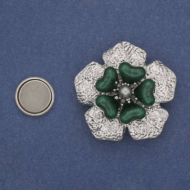 Magnetic Brooch Flower Green Enamel Pearl Silver Metal 38mm+