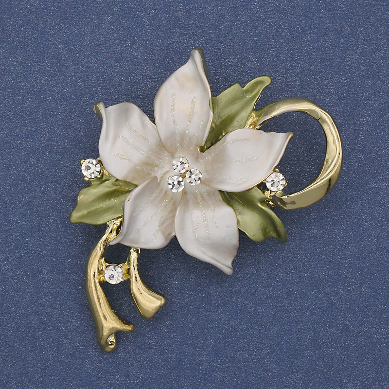 Brooch Pendant Flower White and Green Enamel with Crystals Gold-tone Metal 50x42mm