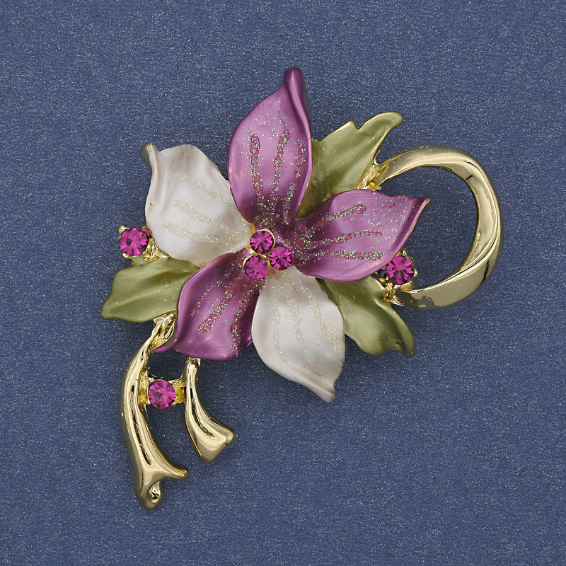 Flower Brooch Pendant with Colored Enamel and Rhinestones, Gold Metal 50x42mm+