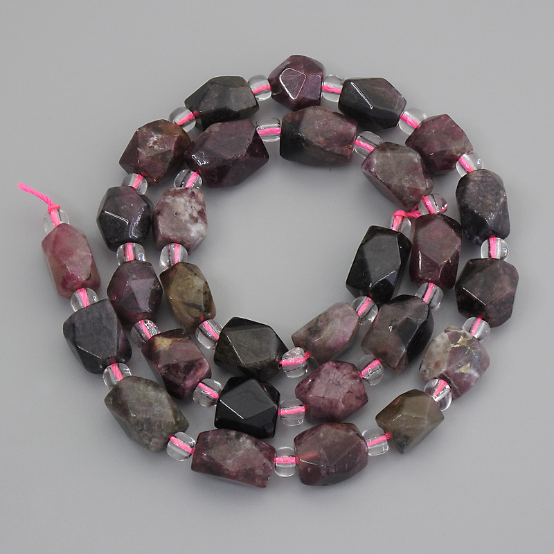 Tourmaline Beads, Faceted, diameter 9-12×6-9mm±, 4mm seed beads±, on thread, length 39cm+