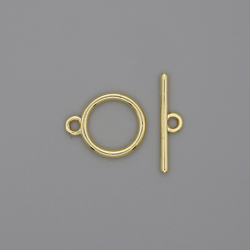 Toggle clasp hardware, diameter 18x1.5 mm+- hoop, diameter 12 mm+-, hole diameter 10 mm+-, gold-tone metal