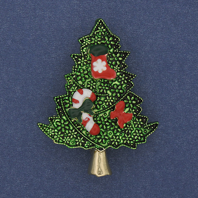 Brooch Pendant 'New Year's Tree' green enamel with gold-tone metal 32x42mm +