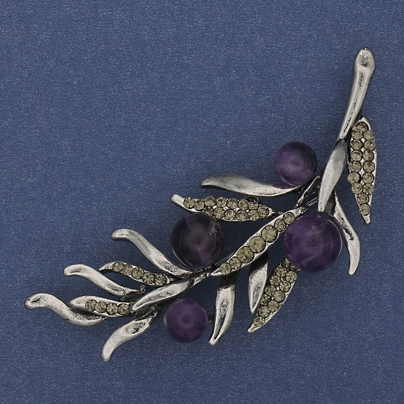 Brooch Sprig Amethyst with Gray Crystals 67x26mm Silvered Metal