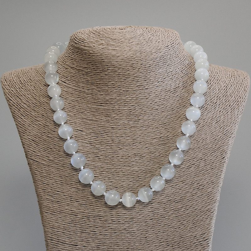 Cat's Eye Necklace, Gray Smooth Beads, 12mm Ø, 50cm + 5cm Extender