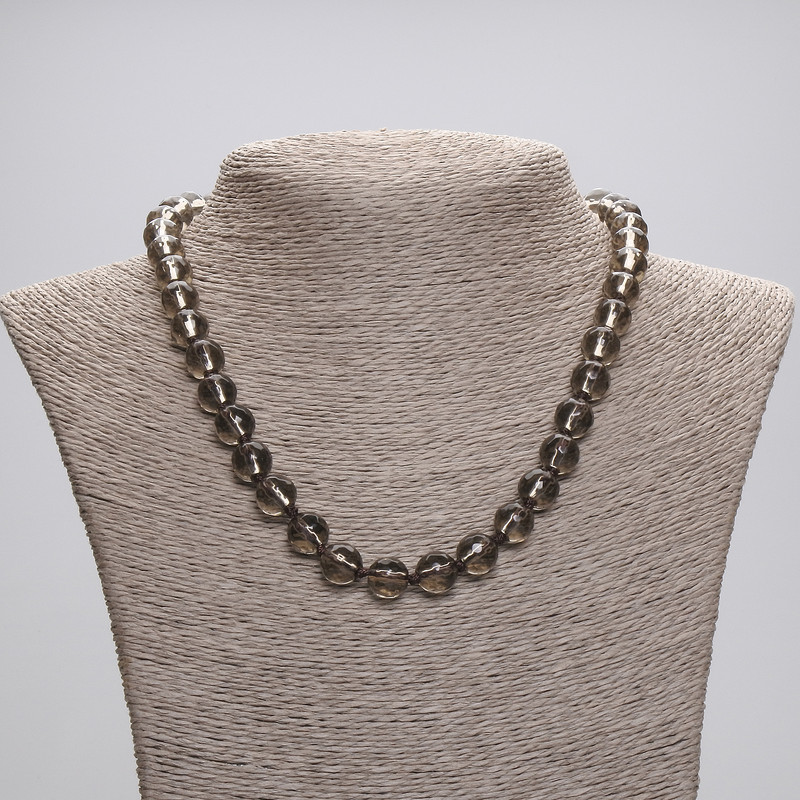 Smoky Quartz Bead Necklace with Faceted Round Bead, diameter 9mm, length 45cm ± with clasp