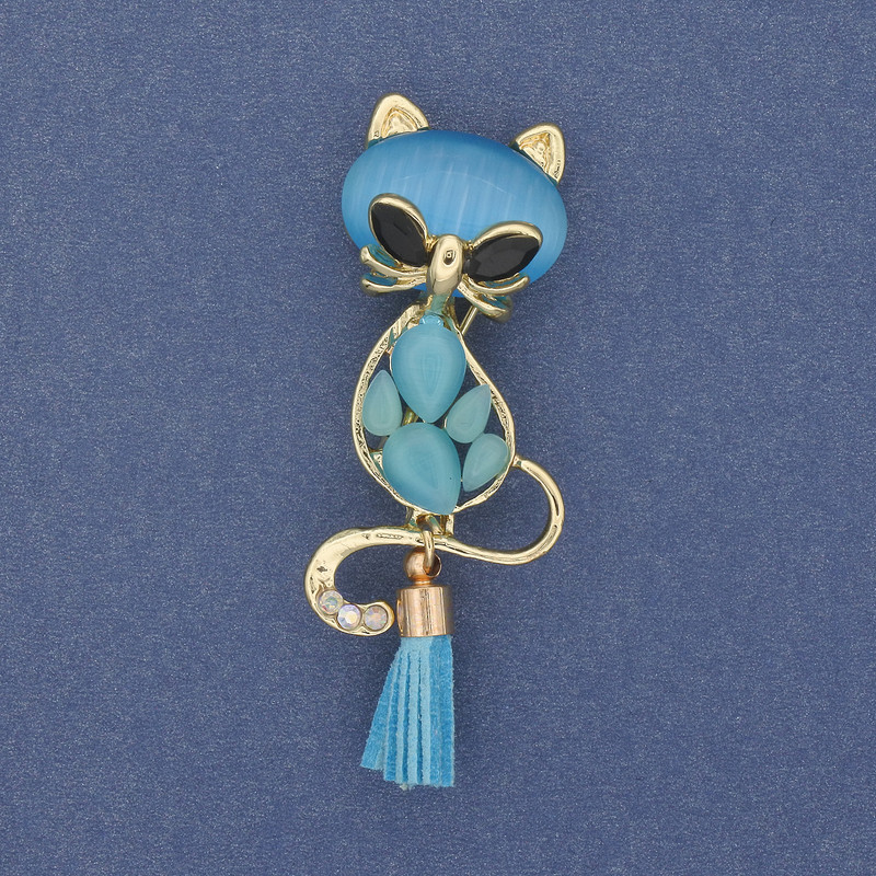 Brooch Pendant Cat with Cabochon Cat's Eye Golden Metal 43x17mm+