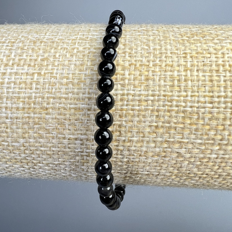 Bracelet Black Onyx Agate natural stone smooth beads, diameter 4mm+-, length 18cm+- (elastic)